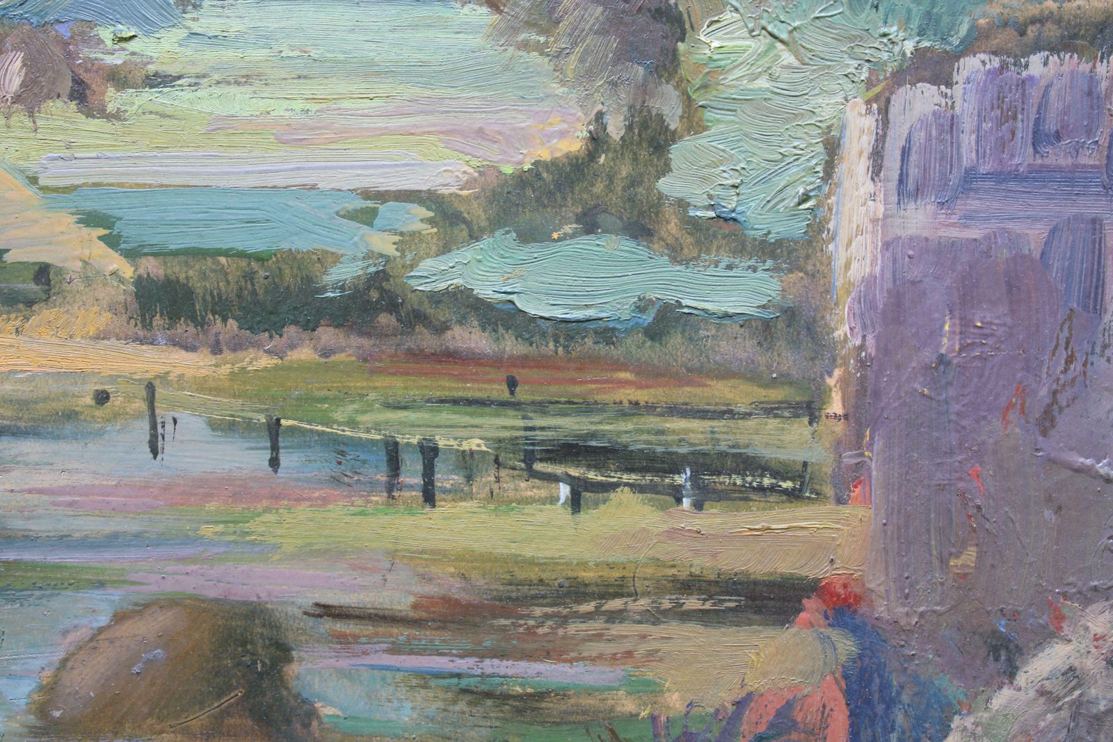 Aleksandra Belcova Behind The Barn 1950s. Oil On Cardboard. Circa 1950 photo vinterior