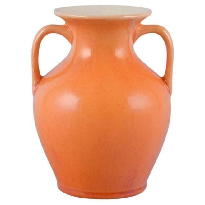 Rörstrand, Sweden, Earthenware Vase With Handles In Uranium Yellow Glaze.