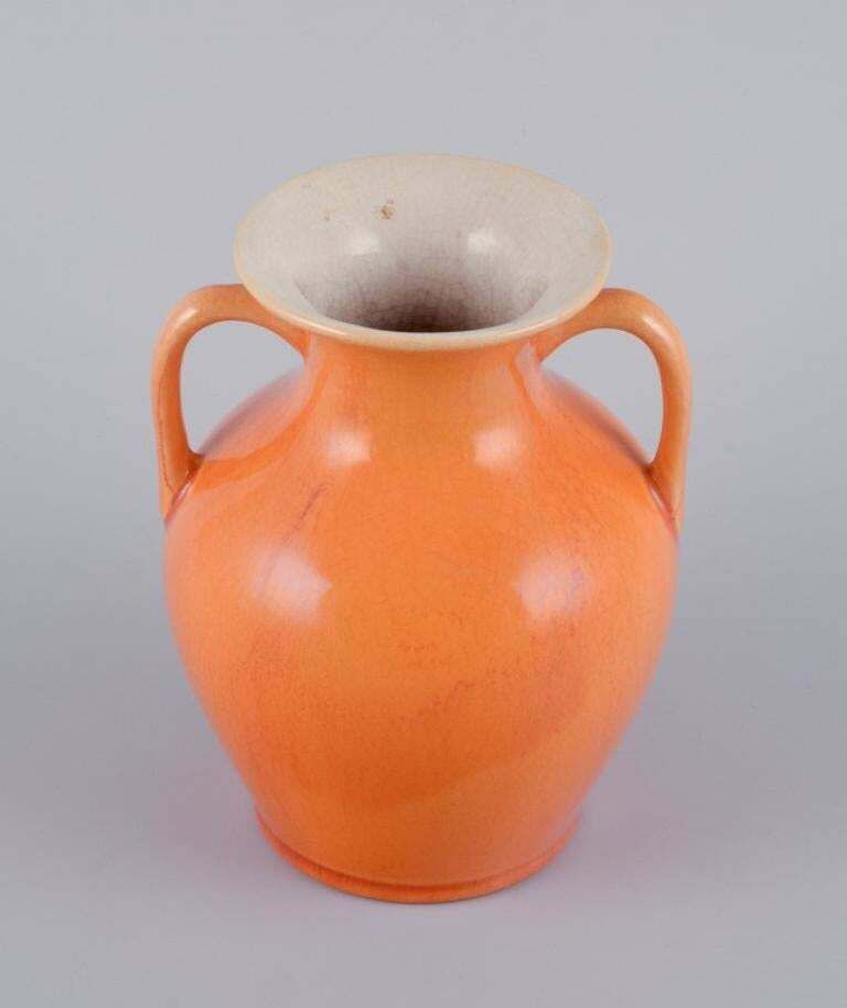 Rörstrand, Sweden, Earthenware Vase With Handles In Uranium Yellow Glaze. photo for sale