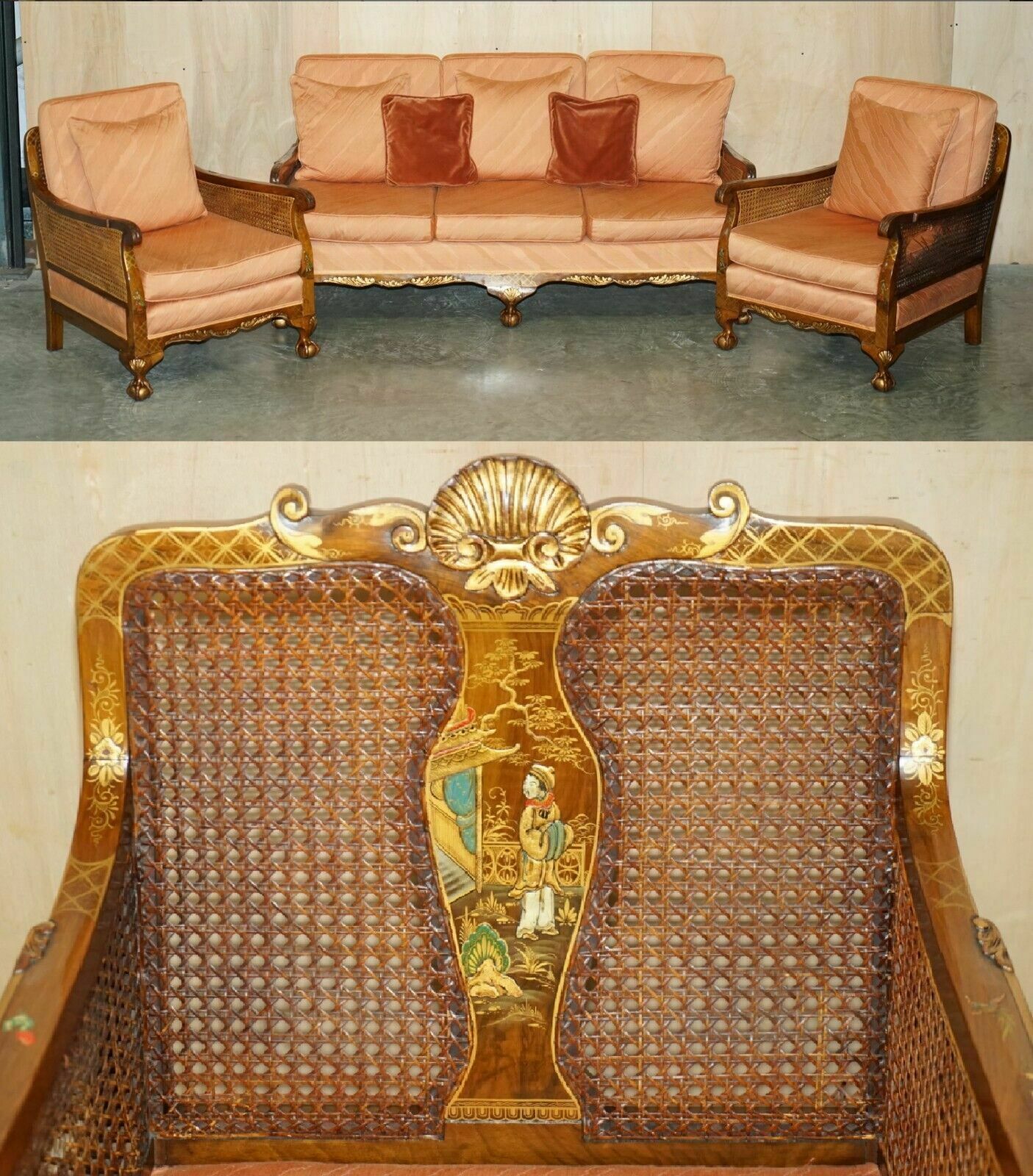 1920's Walnut & Chinoiserie 3 Piece Bergere Sofa Armchair Suite For Restoration