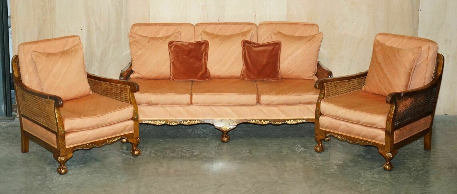 1920's Walnut & Chinoiserie 3 Piece Bergere Sofa Armchair Suite For Restoration photo furniture