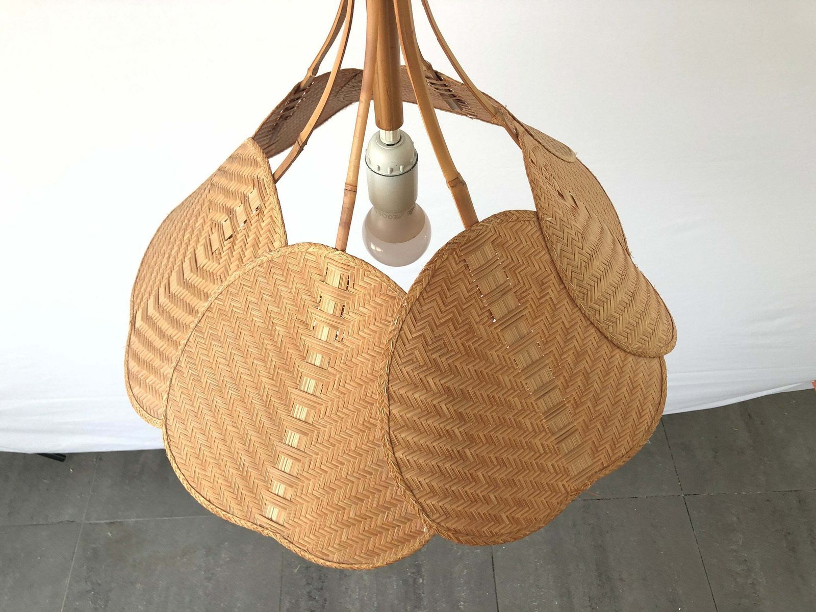 Palmate Leaf Design Wicker And Bamboo Beautiful Pendant Lamp, 1960s, Germany photo Lighting