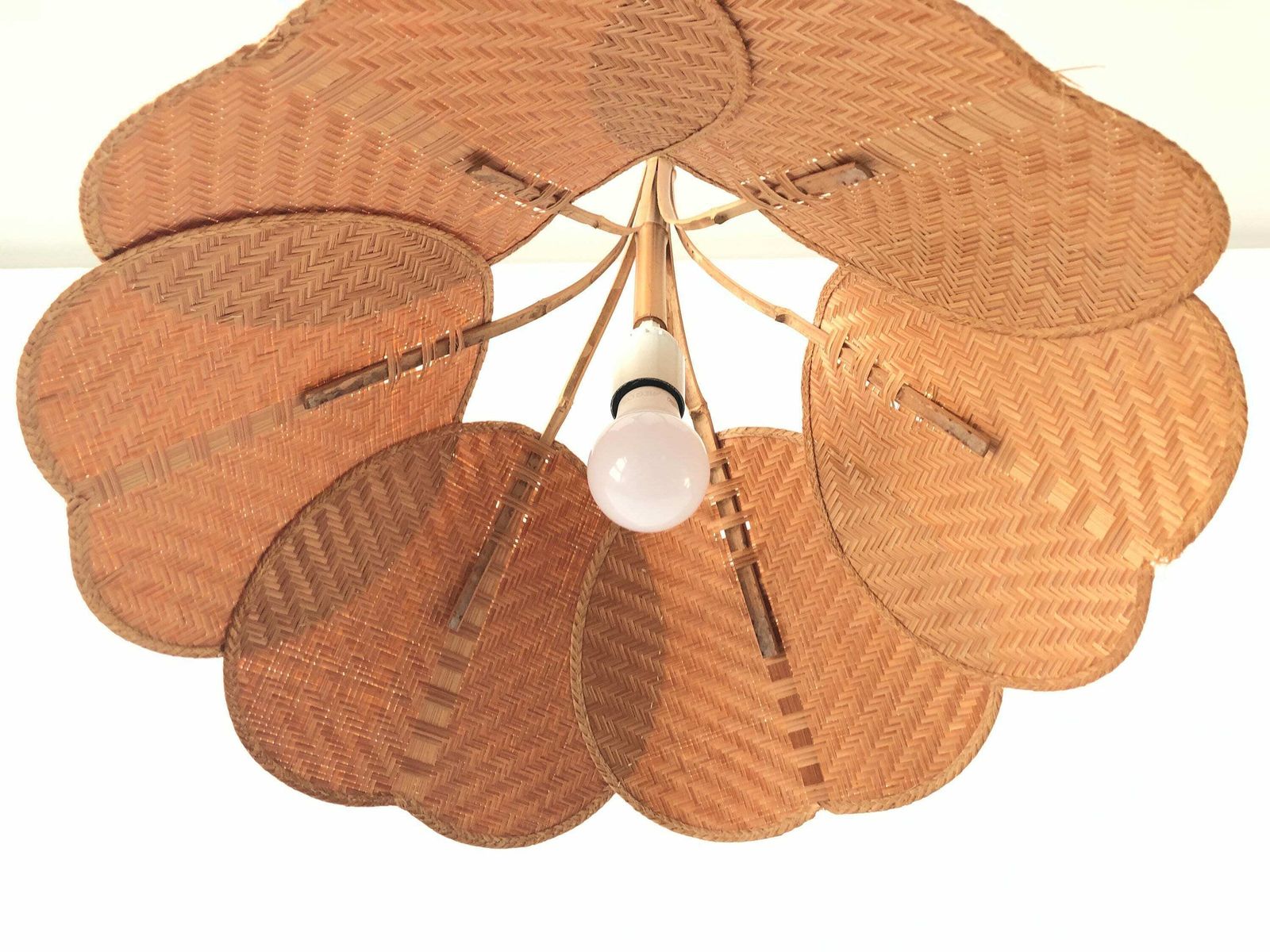 Palmate Leaf Design Wicker And Bamboo Beautiful Pendant Lamp, 1960s, Germany photo vintage