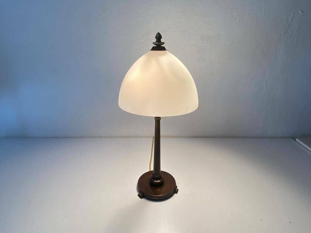 Art Deco Milk Glass And Bronze Large Table Lamp By D.R.P. Savas, German Reich Patent, 1930s, Germany photo Lighting