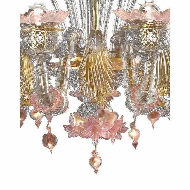 Early 21st Century Venetian Gold And Pink Floral Murano Glass Chandelier photo 13516.0