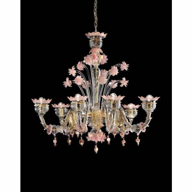 Early 21st Century Venetian Gold And Pink Floral Murano Glass Chandelier photo vintage