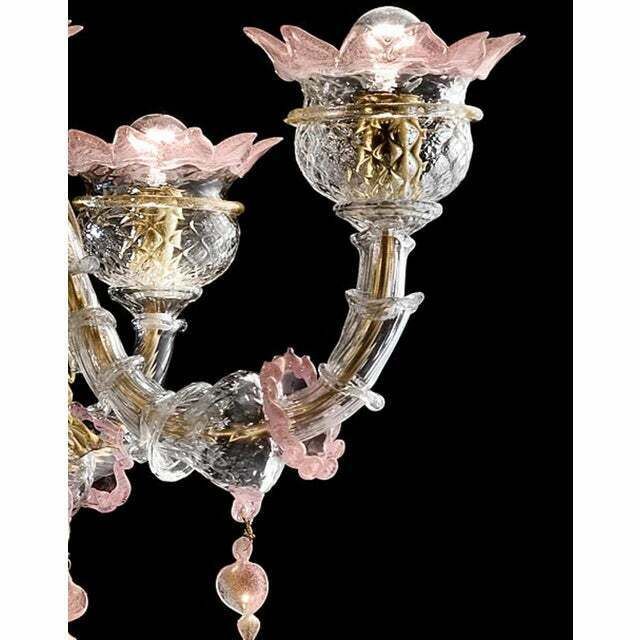 Lighting Early 21st Century Venetian Gold And Pink Floral Murano Glass Chandelier photo