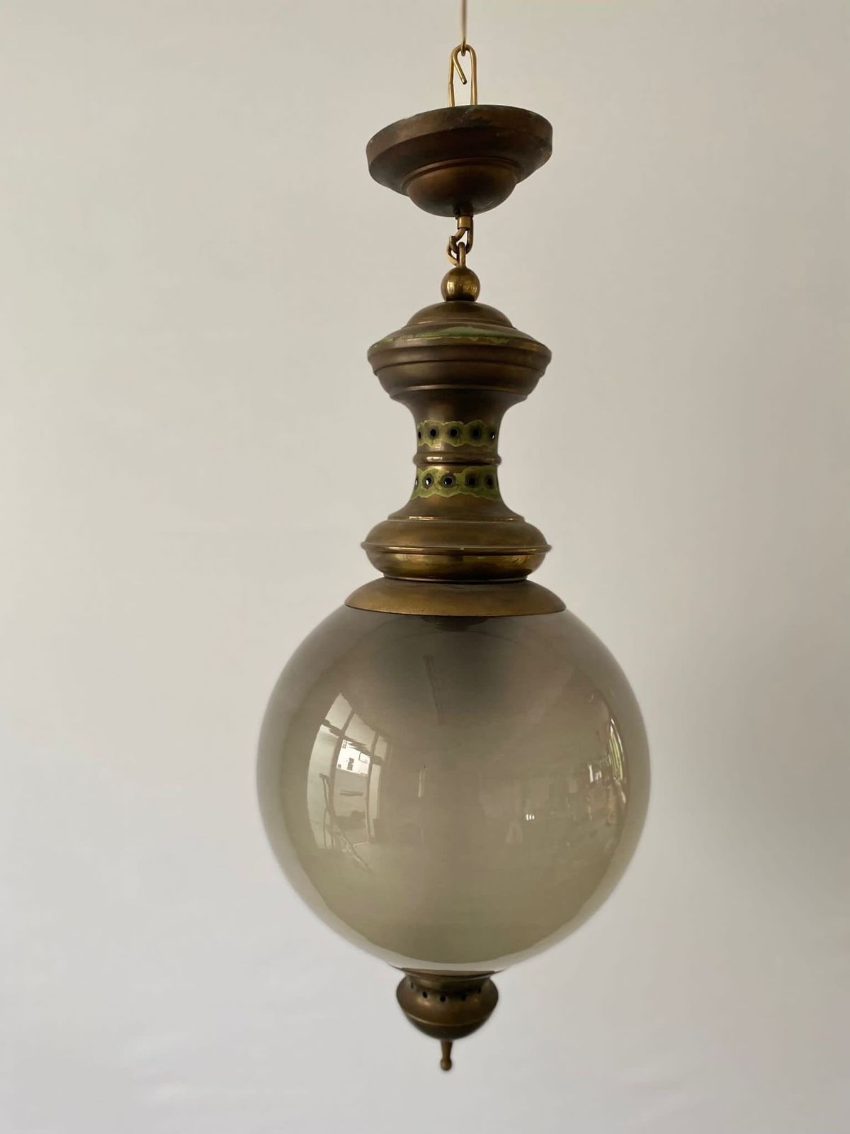 Extraordinary Smoked Glass & Brass With Green Patina Ceiling Lamp By Luigi Caccia Dominioni For Azucena, 1950s, Italy photo for sale
