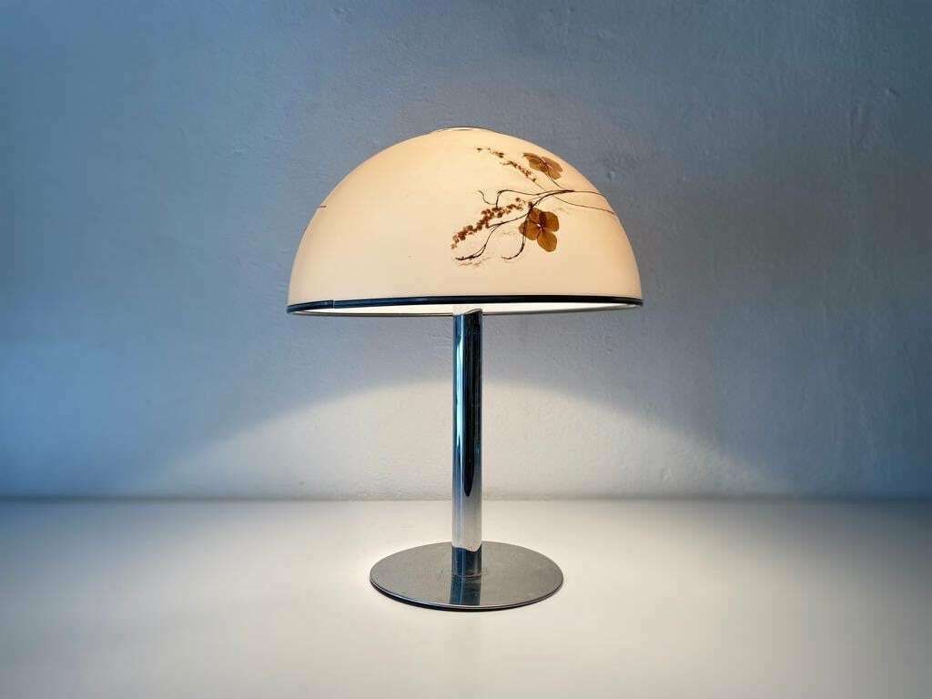 Large Plastic Shade With Flower Ornaments And Chrome Body Very Rare Table Lamp, 1970s, Germany photo furniture