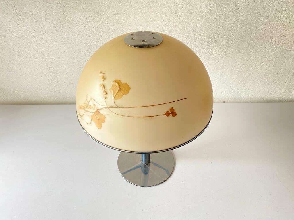 photo for sale Large Plastic Shade With Flower Ornaments And Chrome Body Very Rare Table Lamp, 1970s, Germany