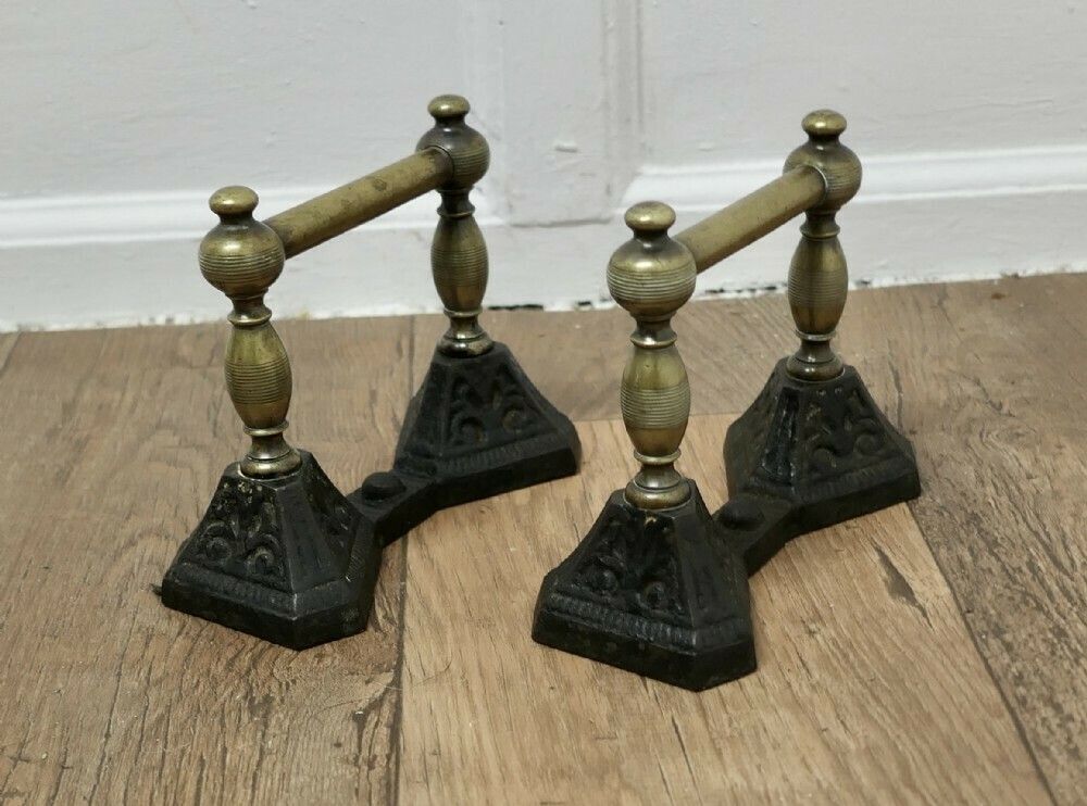 A Sturdy Pair Of Victorian Brass And Iron Andirons Or Fire Dogs