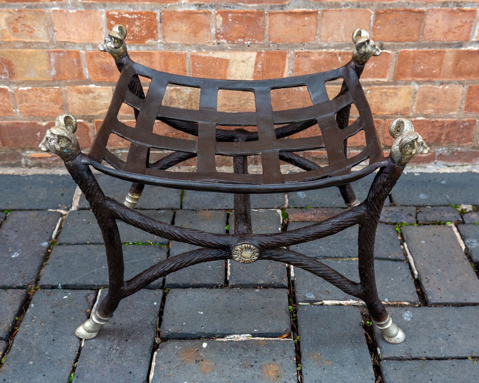 Hollywood Regency Bronze Footstool Ottoman Rams Head Rams Hooves Pouf Maison Jansen Style Country House Classical Curule Savonarola photo buy