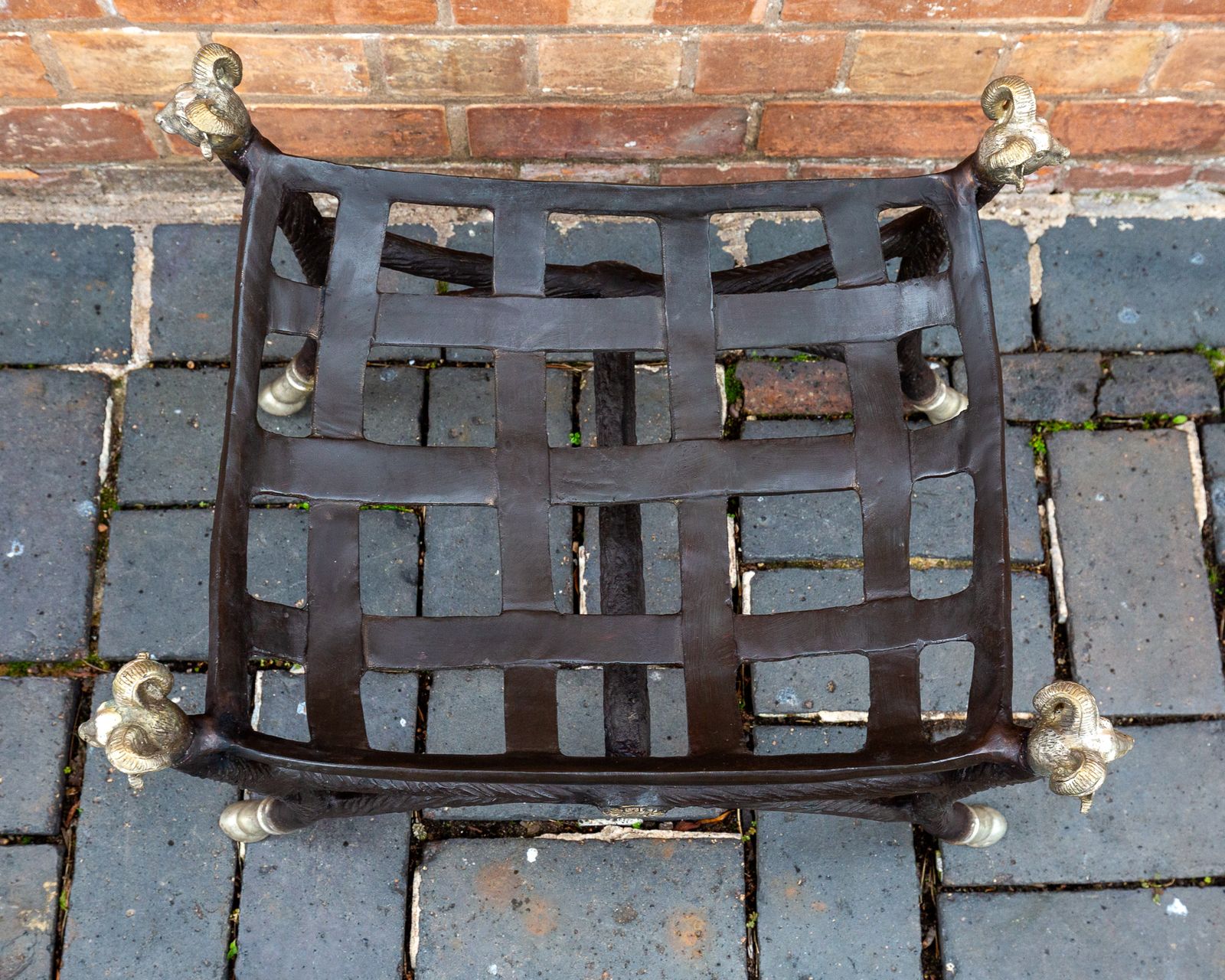 photo vinterior Hollywood Regency Bronze Footstool Ottoman Rams Head Rams Hooves Pouf Maison Jansen Style Country House Classical Curule Savonarola