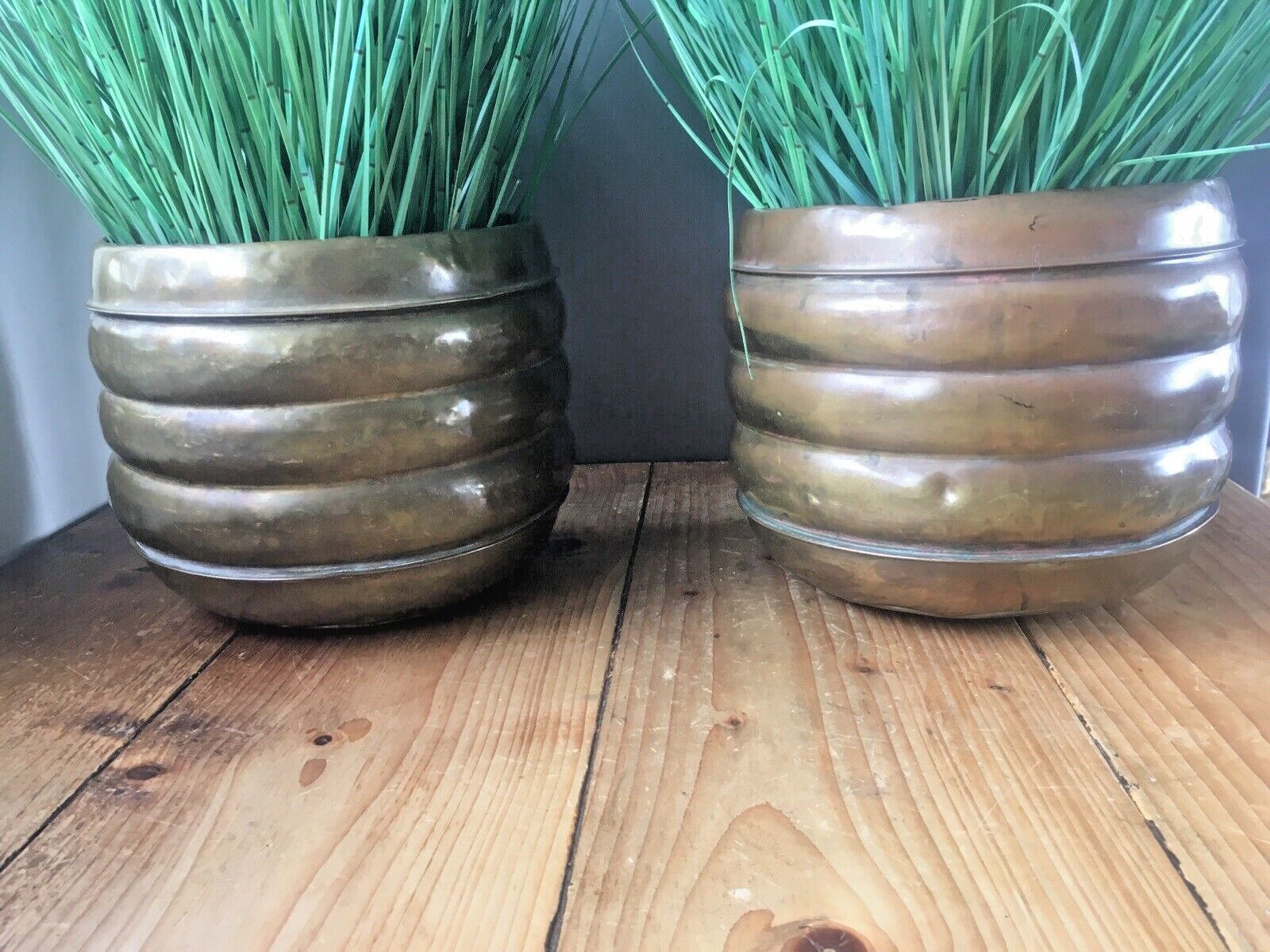 Pair Of Antique Art Deco Brass Stepped Beehive Flower Planters Plant Pot Vintage photo furniture