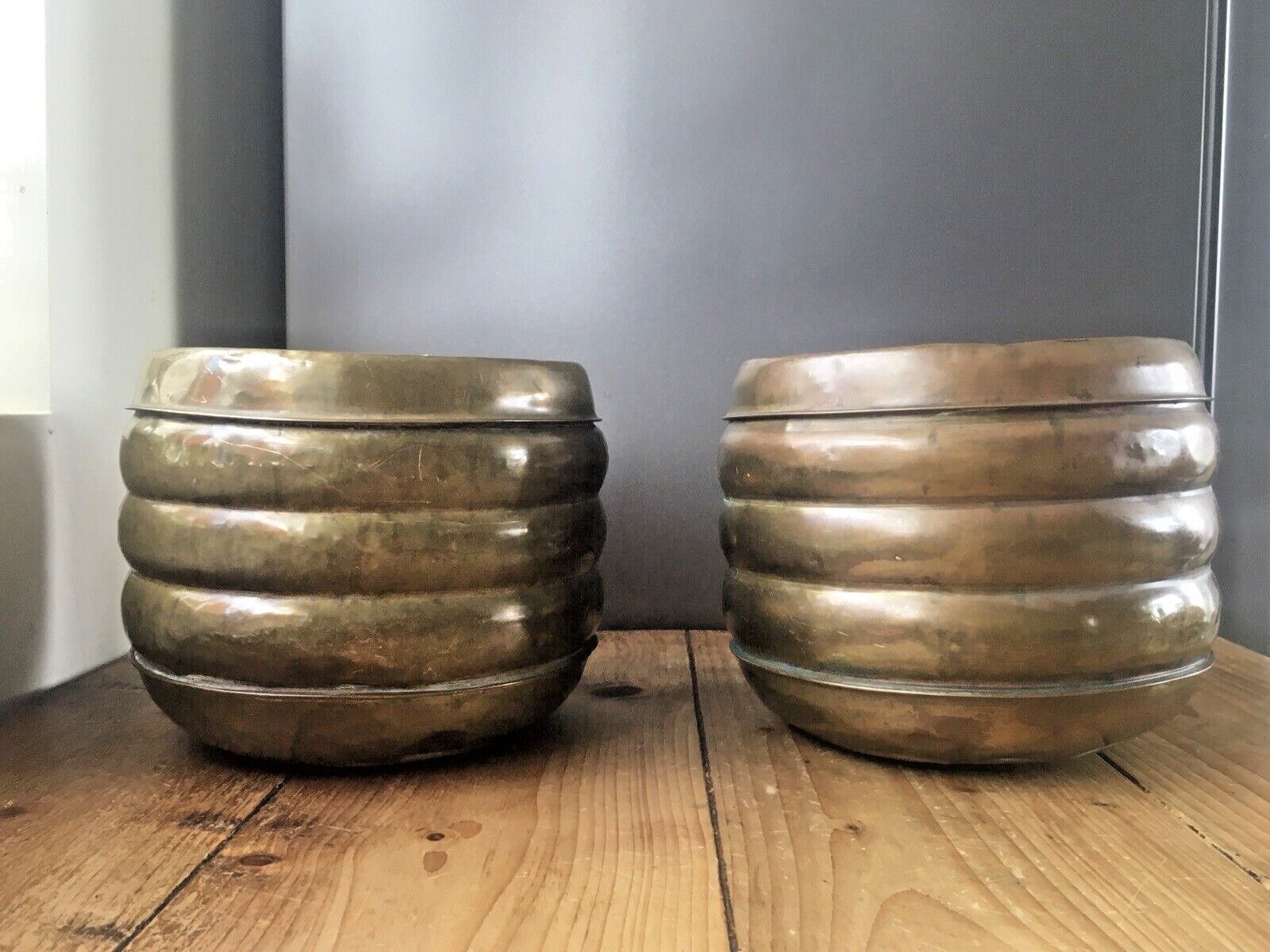 Pair Of Antique Art Deco Brass Stepped Beehive Flower Planters Plant Pot Vintage photo buy