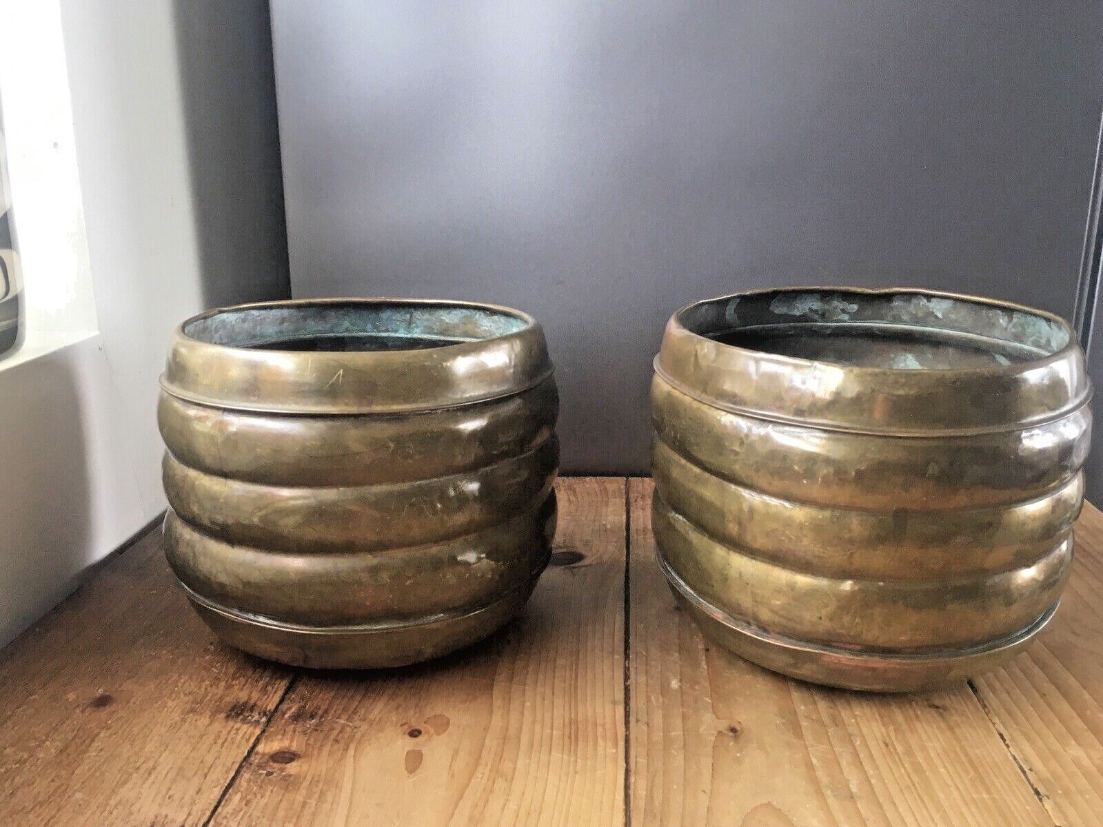 photo furniture Pair Of Antique Art Deco Brass Stepped Beehive Flower Planters Plant Pot Vintage
