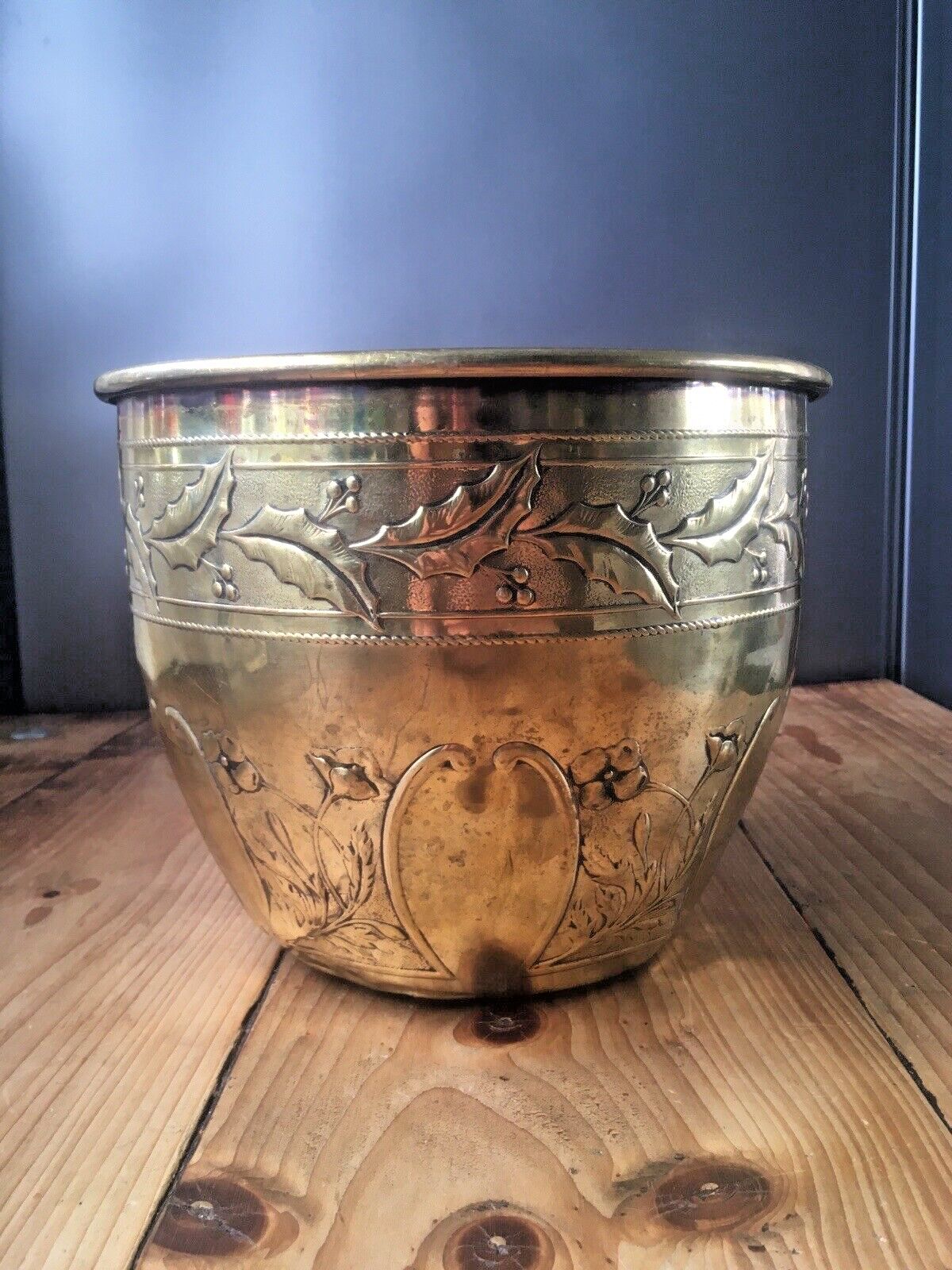Antique Floral Aesthetic Movement Leaf Berry Floral Brass Planter Plant Tree Pot photo for sale