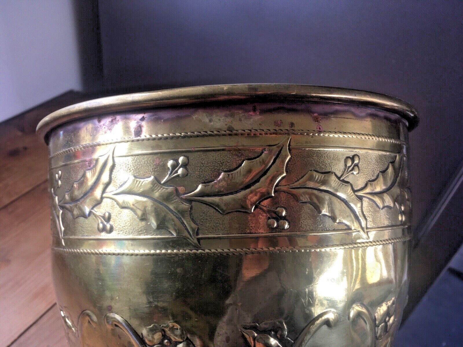 Antique Floral Aesthetic Movement Leaf Berry Floral Brass Planter Plant Tree Pot photo vintage