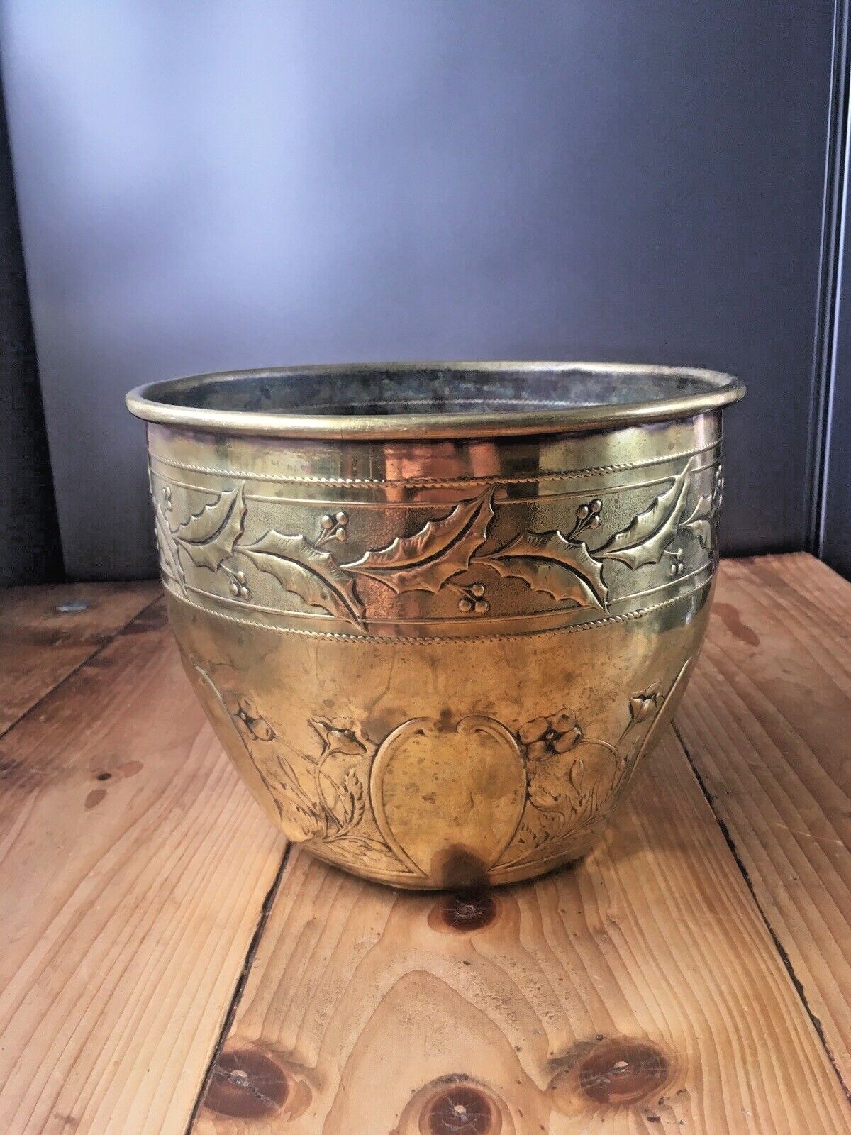 photo buy Antique Floral Aesthetic Movement Leaf Berry Floral Brass Planter Plant Tree Pot