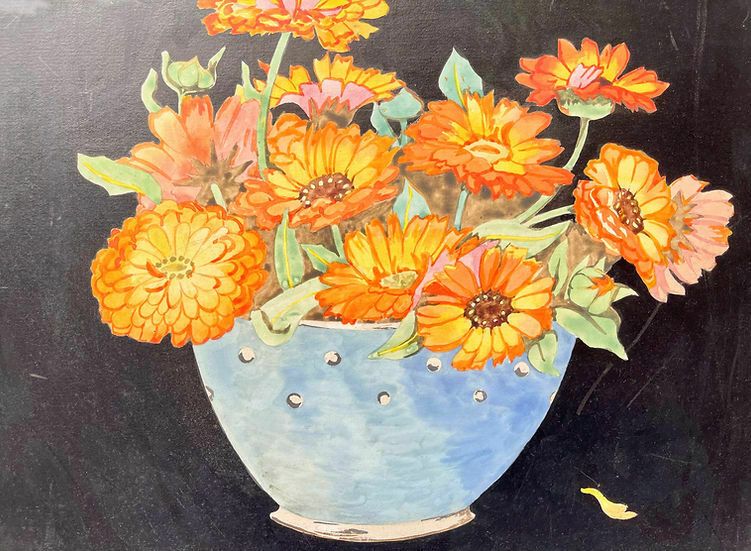 Summer Still Life Painting Of Marigolds With Black Frame photo for sale