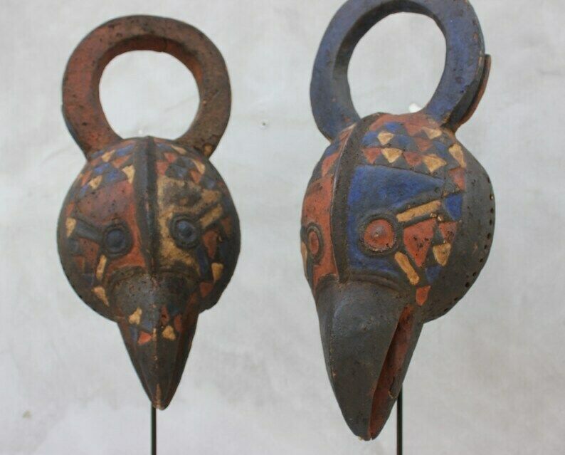 A Pair African Masks Mossi Birds, Two Tribal Masks From Exotic Wood Burkina Faso, Early 20th Century photo vintage