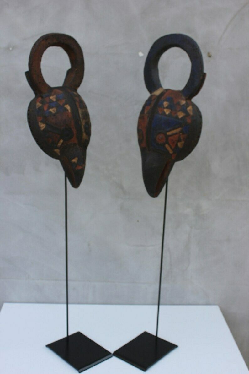 photo for sale A Pair African Masks Mossi Birds, Two Tribal Masks From Exotic Wood Burkina Faso, Early 20th Century