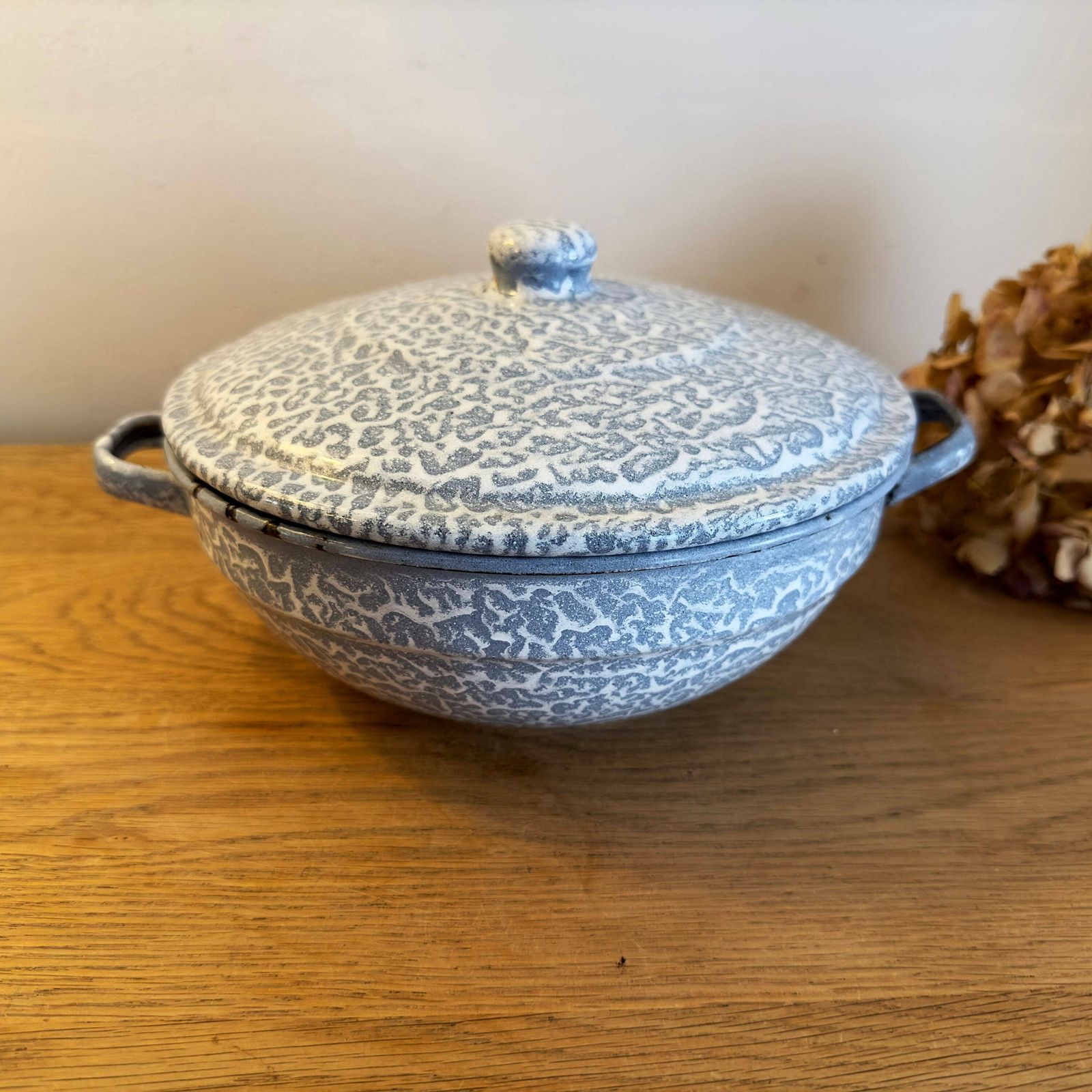 Pair Of French Vintage Blue Mottled Enamel Serving Bowls photo for sale