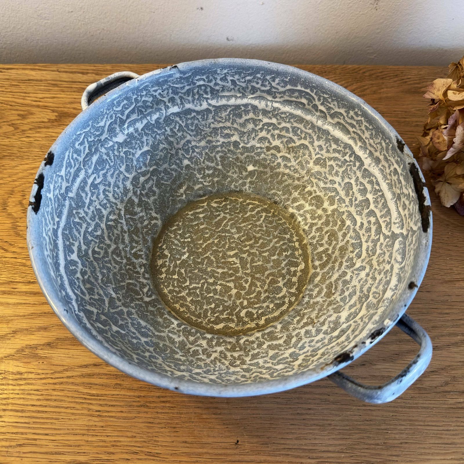 Pair Of French Vintage Blue Mottled Enamel Serving Bowls photo vinterior