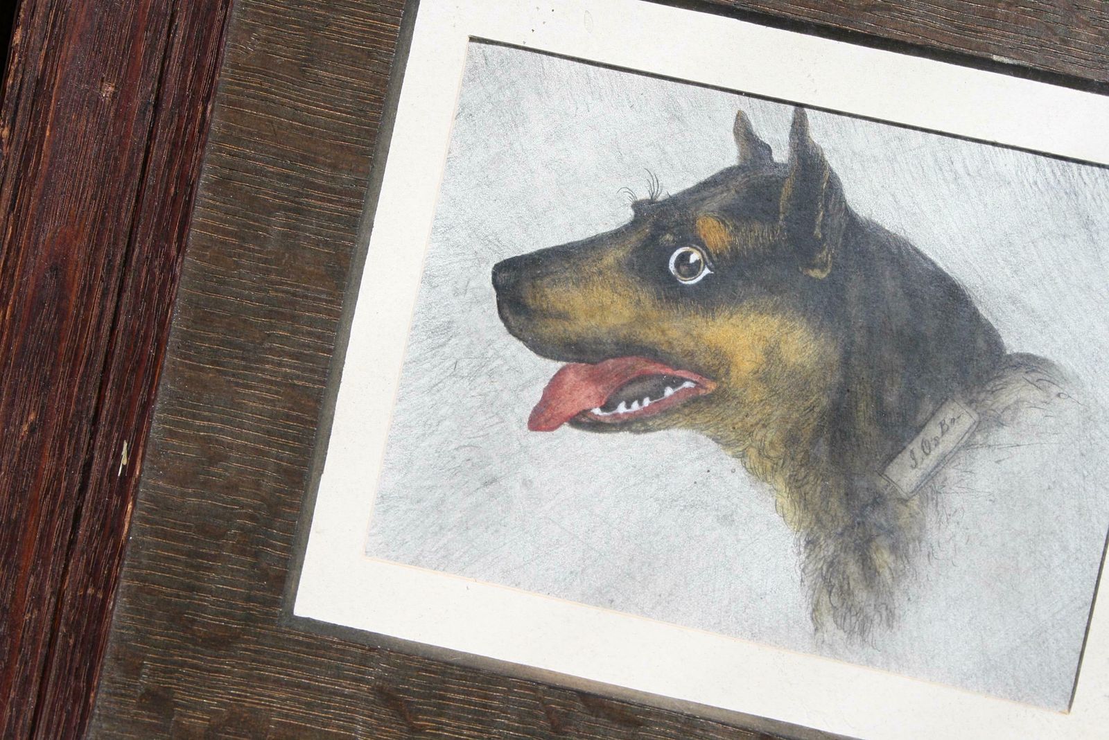 Early 20th Century Folk Art Pencil On Paper Odd Dog Job Oak Frame Rottweiler photo furniture