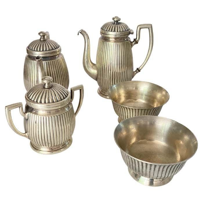 England Silvered Metal 5 Pieces Of Coffee Tea Service Silver Color 20th Century
