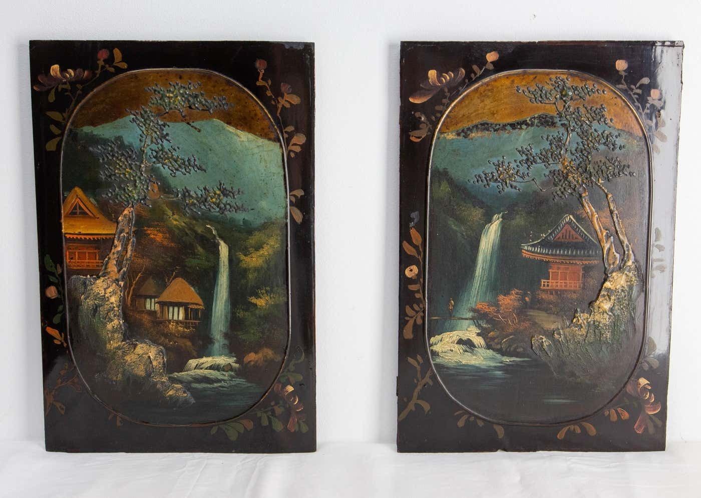 photo vinterior Japonese Pair Of Painted And Lacquered Wood Panels, Mid 19th Century