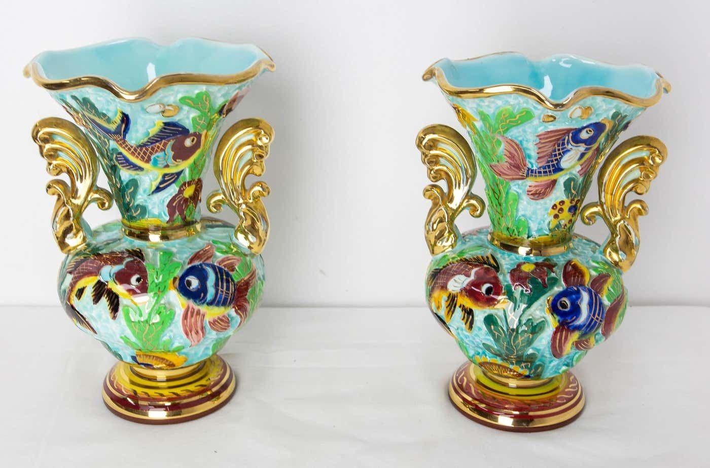 Monaco Ceramic Pair Of Vases With Sea Decoration Mid Century French photo for sale