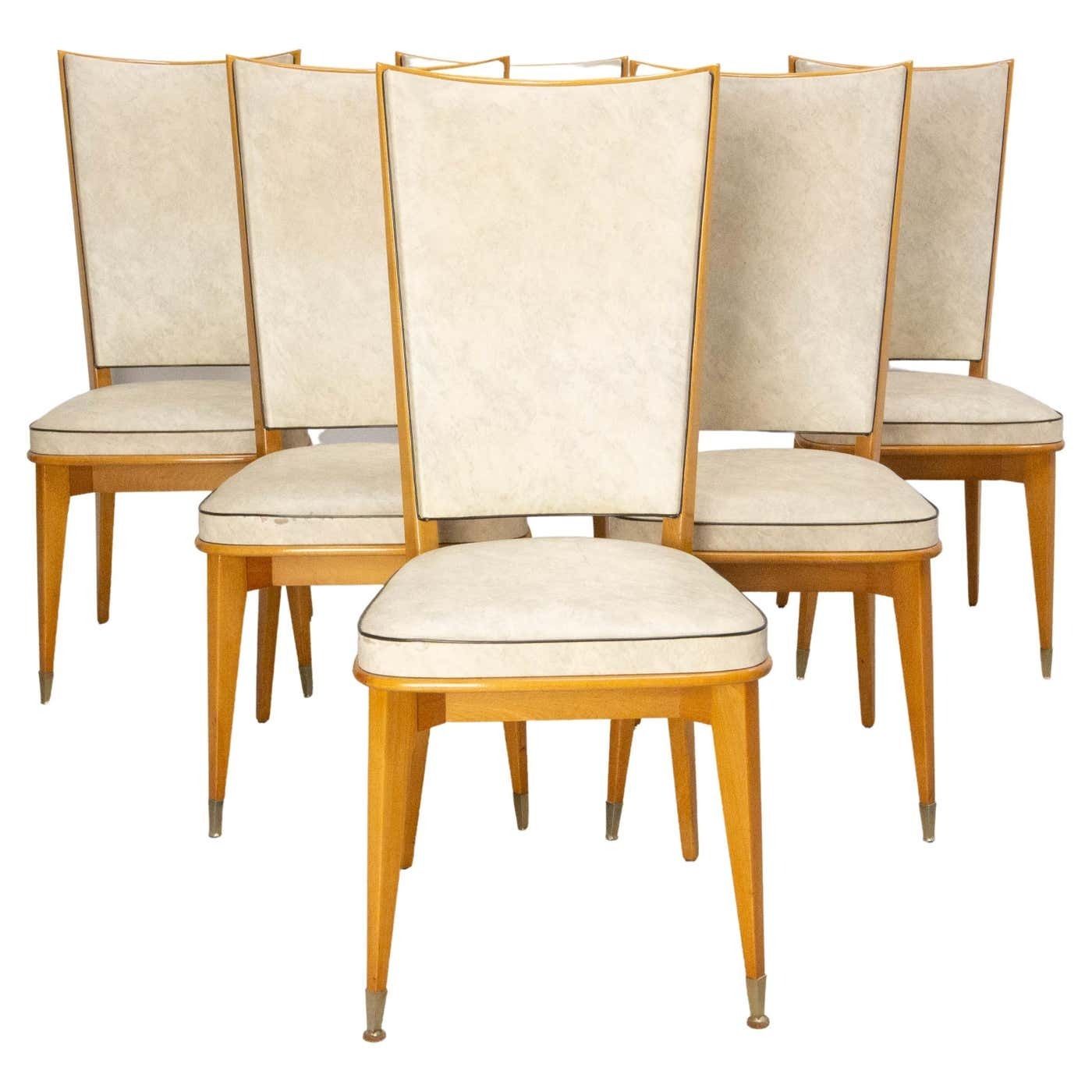 Six Dining Chairs Beech And Skai Midcentury French, Circa 1960