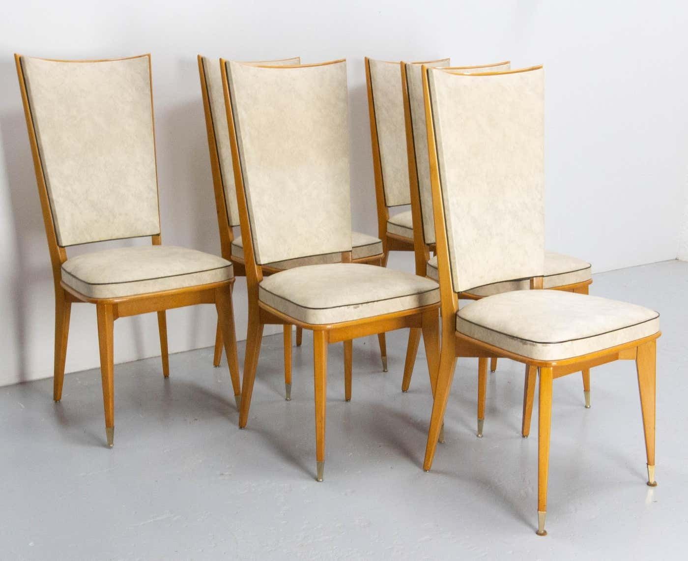 Six Dining Chairs Beech And Skai Midcentury French, Circa 1960 photo for sale