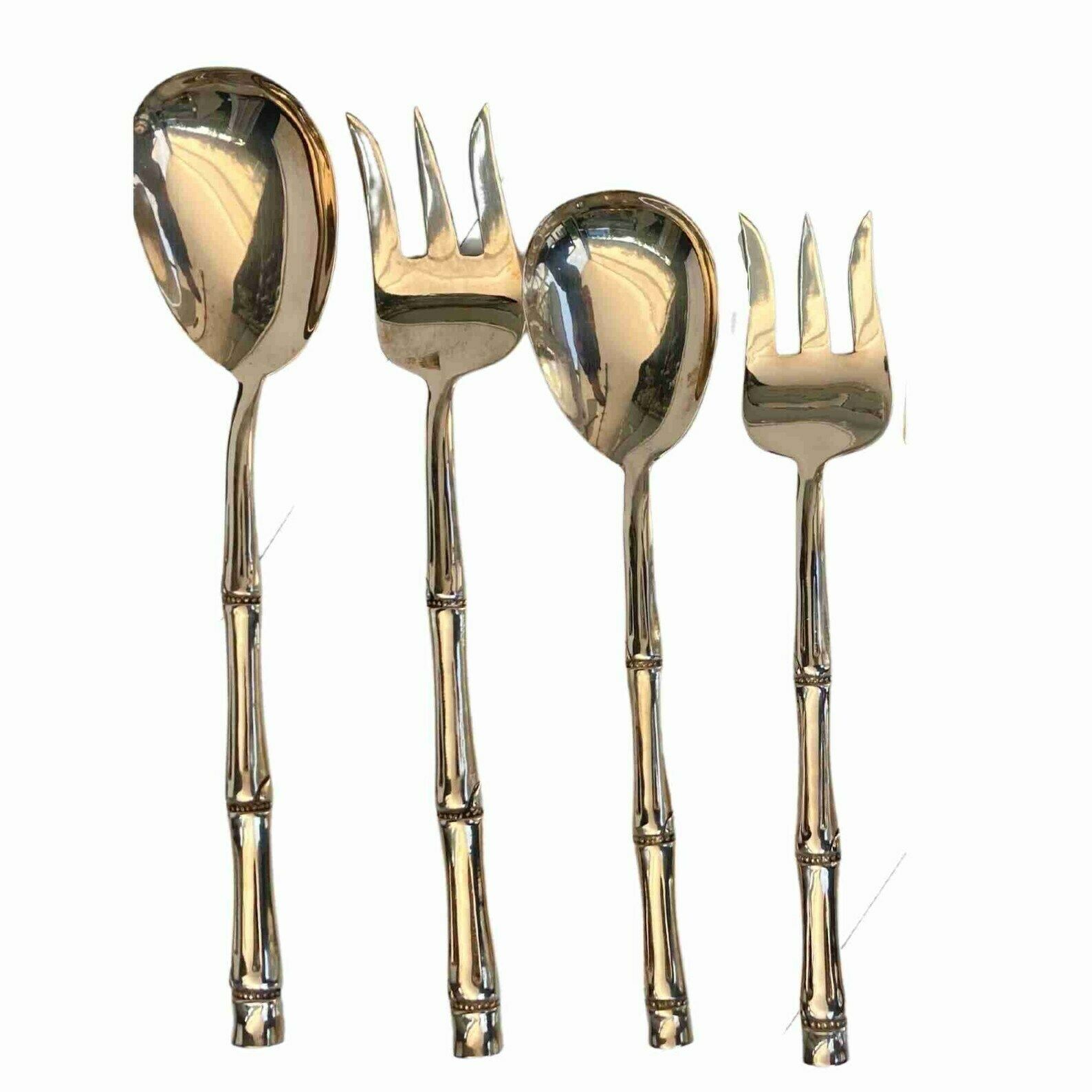 Bestek Set In Messing | Vintage Zwaar Bestek | 12 Delig | Bamboepatroon | Handgemaakt En Gepolijst photo Woonaccessoires