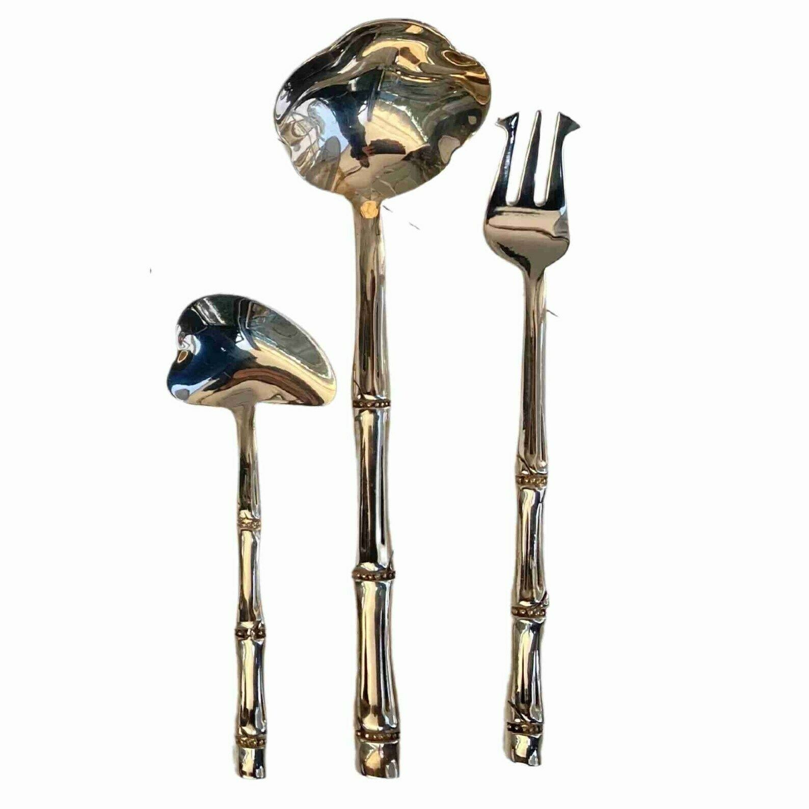 Brass Flatware Serving Set | Vintage Heavy Cutlery | 12pcs| Bamboo Pattern | Handmade And Polished photo vinterior