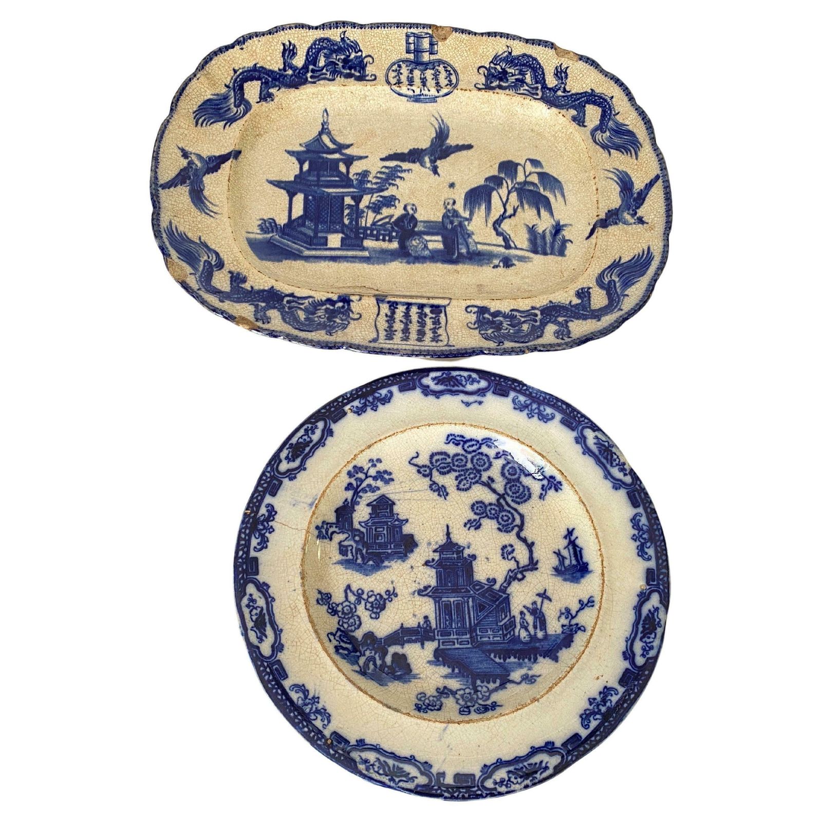Faience Dish And Plate By Jules Vieillard Chinese Decor France 19th Century