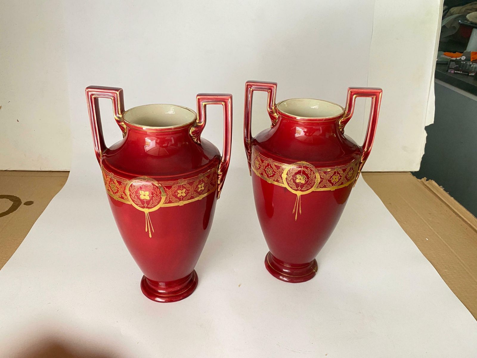 Home Decor Pair Of Red Cobalt Urns Vase With Ceramic Handles And Gilted Decorations photo