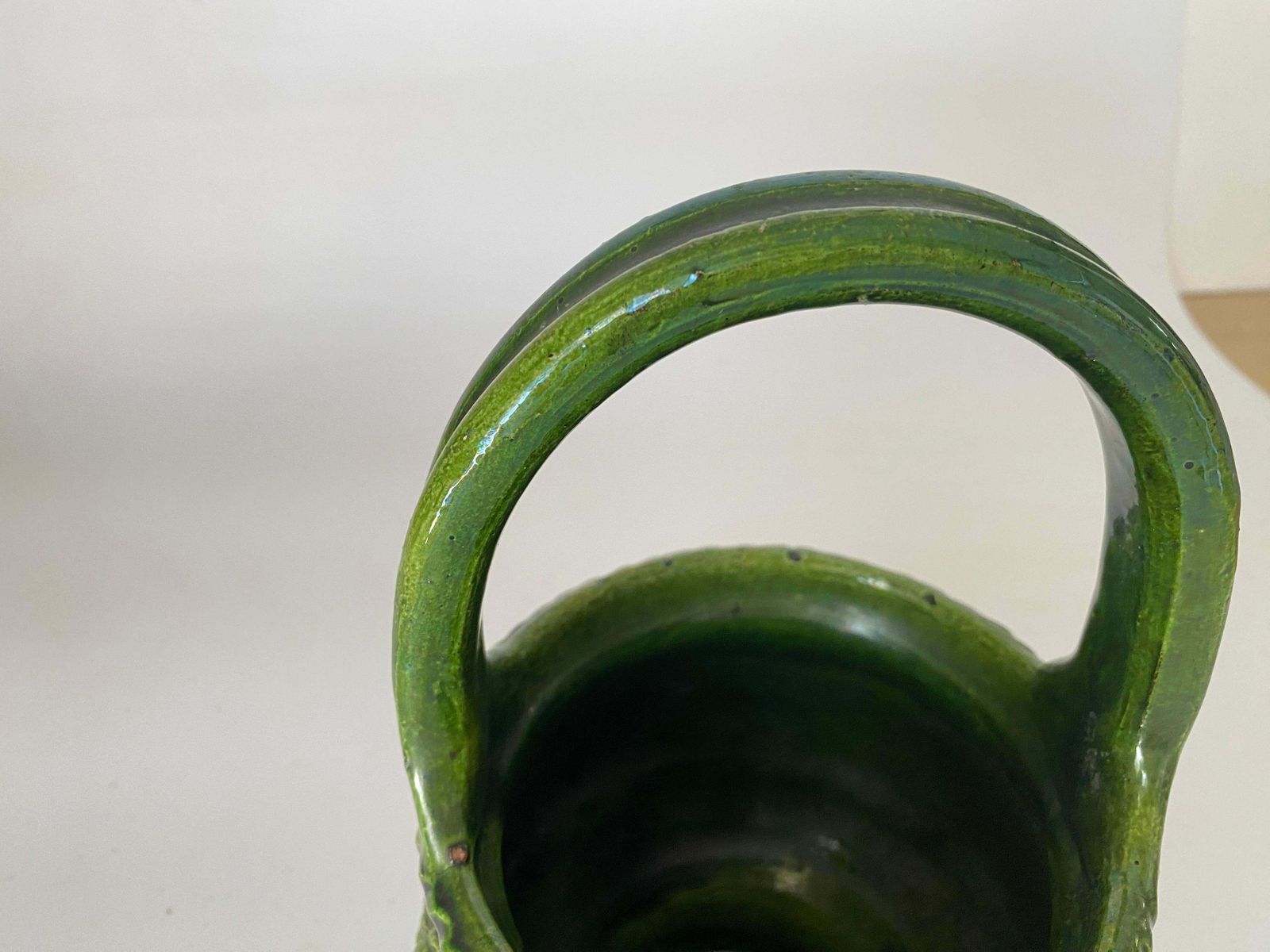 Pot Or Box 19th Century Majolica France Ceramic Green With An Circular Handle photo for sale