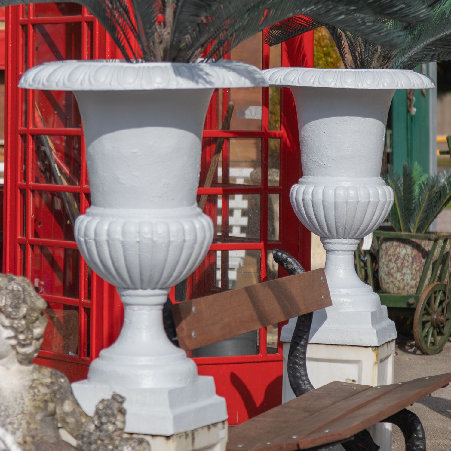 Pair Of Large White Cast Iron Urns