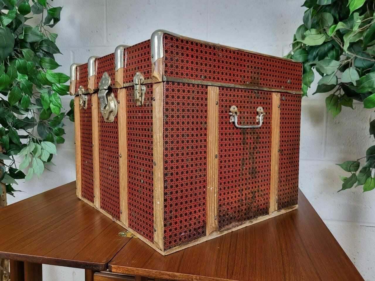 Antique Vintage 1900's Red Faux Bamboo Tin And Wood Chest Steamer Trunk photo furniture