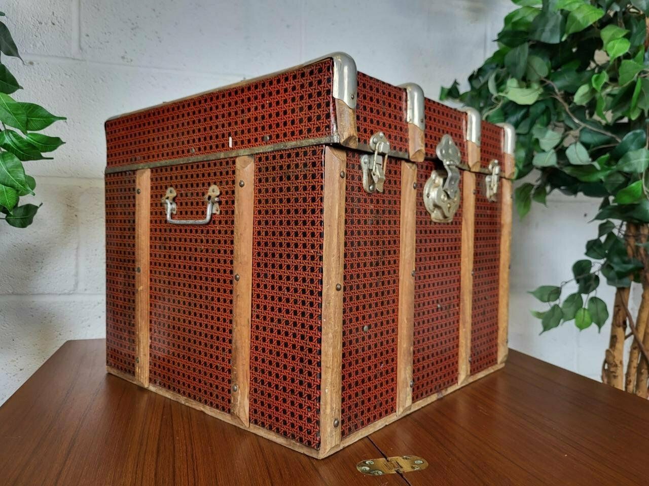 Antique Vintage 1900's Red Faux Bamboo Tin And Wood Chest Steamer Trunk photo for sale