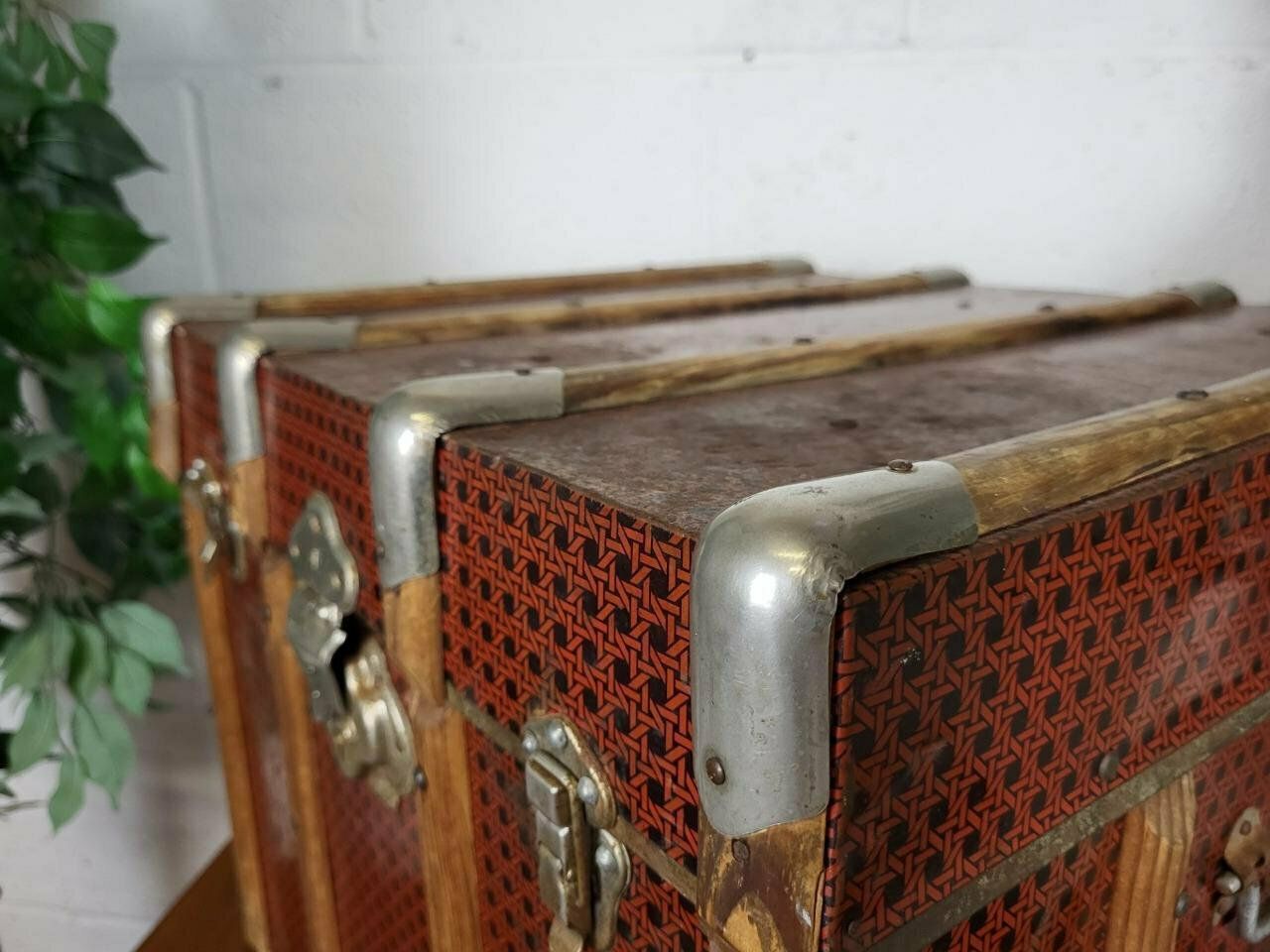 Antique Vintage 1900's Red Faux Bamboo Tin And Wood Chest Steamer Trunk photo buy