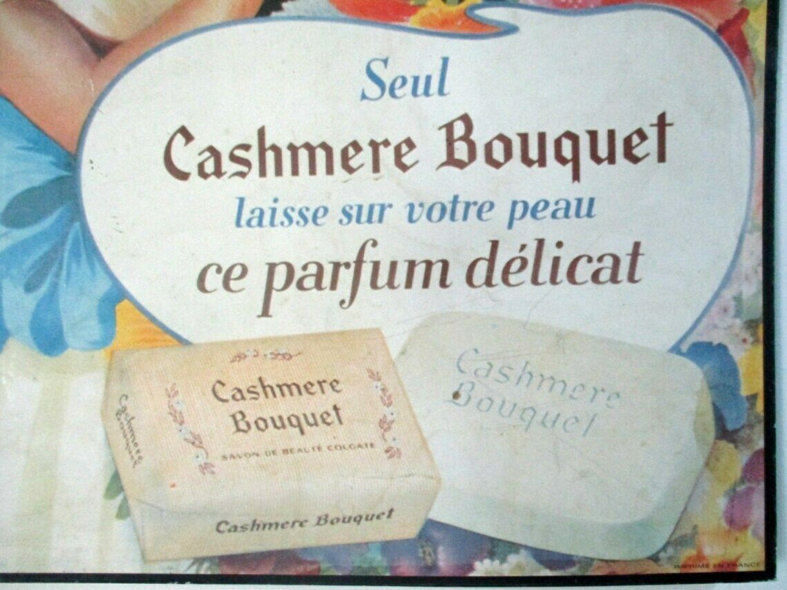 Large Vintage French Soap Advertising Sign | Cashmere Bouque photo for sale