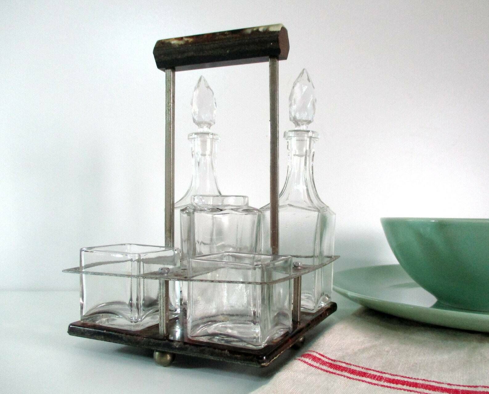 Bakelite Condiment Holder   French Antique Cruet Set   5 Piece Condiment Set   Art Deco Condiment Caddy   Marbled Bakelite