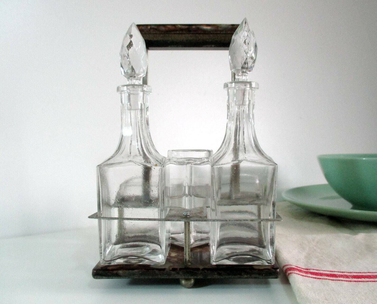 Bakelite Condiment Holder   French Antique Cruet Set   5 Piece Condiment Set   Art Deco Condiment Caddy   Marbled Bakelite photo 77.0
