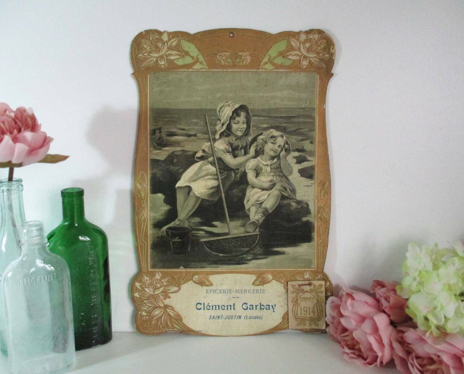 Antique French Cardboard Sign   1914 Advertising Calendar   Embossed Cardboard   French Advertising Sign   Vintage Publicity Sign