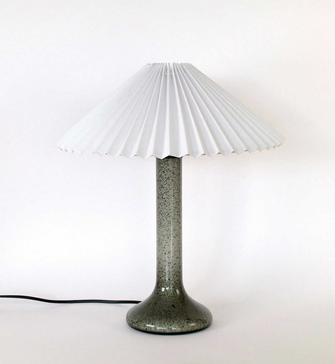 Mid Century Modern Scandinavian Glass Table Lamp | Le Klint Holmegaard Era Accent Light Pleated Shade | Vintage Danish Gray Black Retro 1960 photo furniture