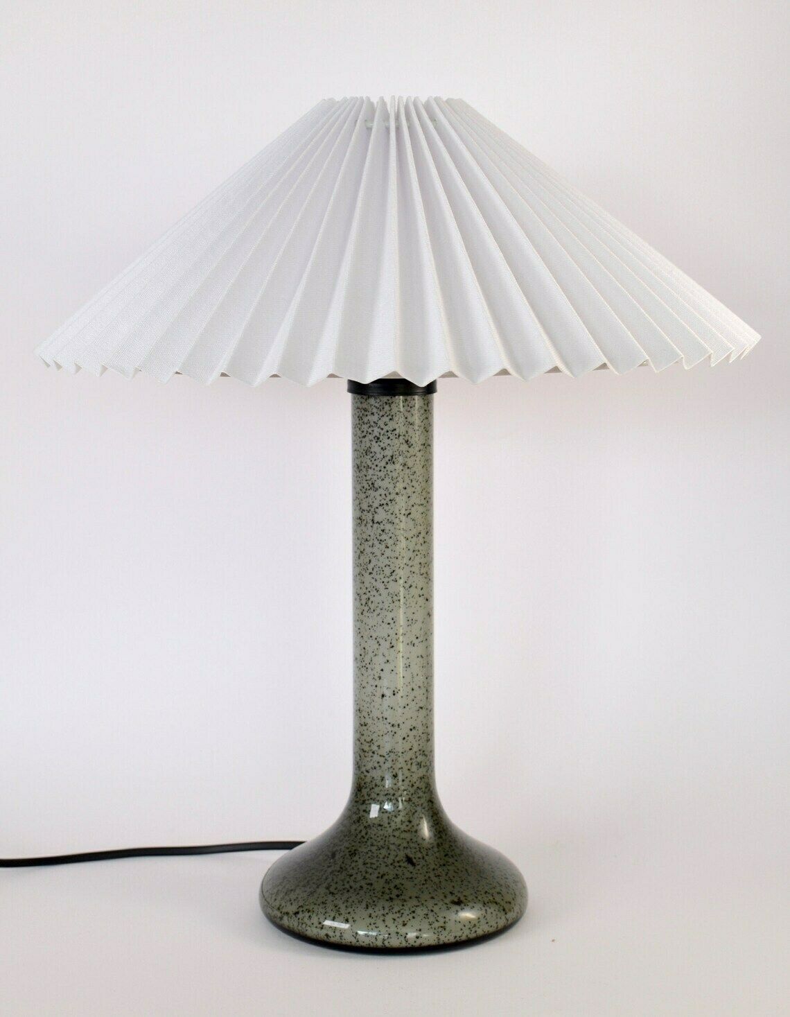photo furniture Mid Century Modern Scandinavian Glass Table Lamp | Le Klint Holmegaard Era Accent Light Pleated Shade | Vintage Danish Gray Black Retro 1960