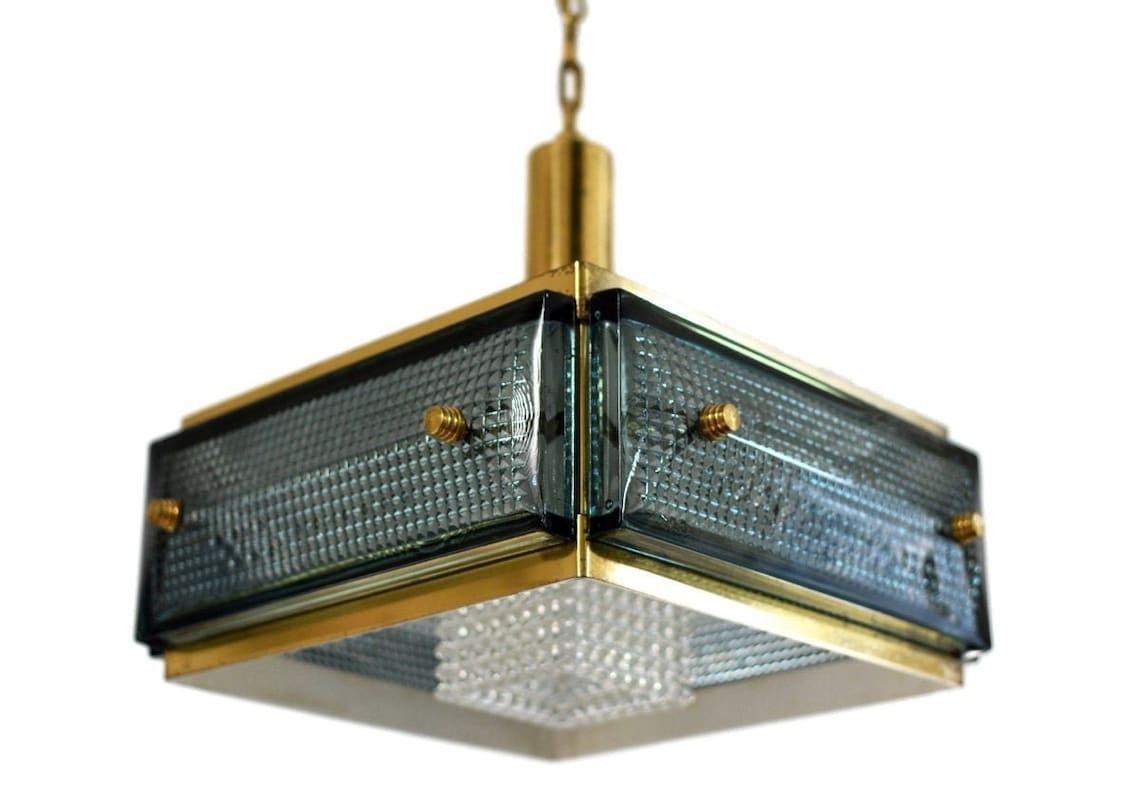 Mid Century Malmö Metallvarufabrik Hanglamp Messing En Glas | Vintage Geperst Glas Orrefors Fagerlund Scandinavisch Modernistisch